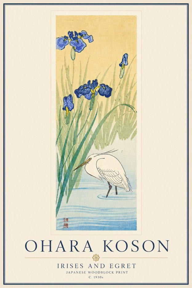 Ohara Koson Irises and Egret No6 - Póster
