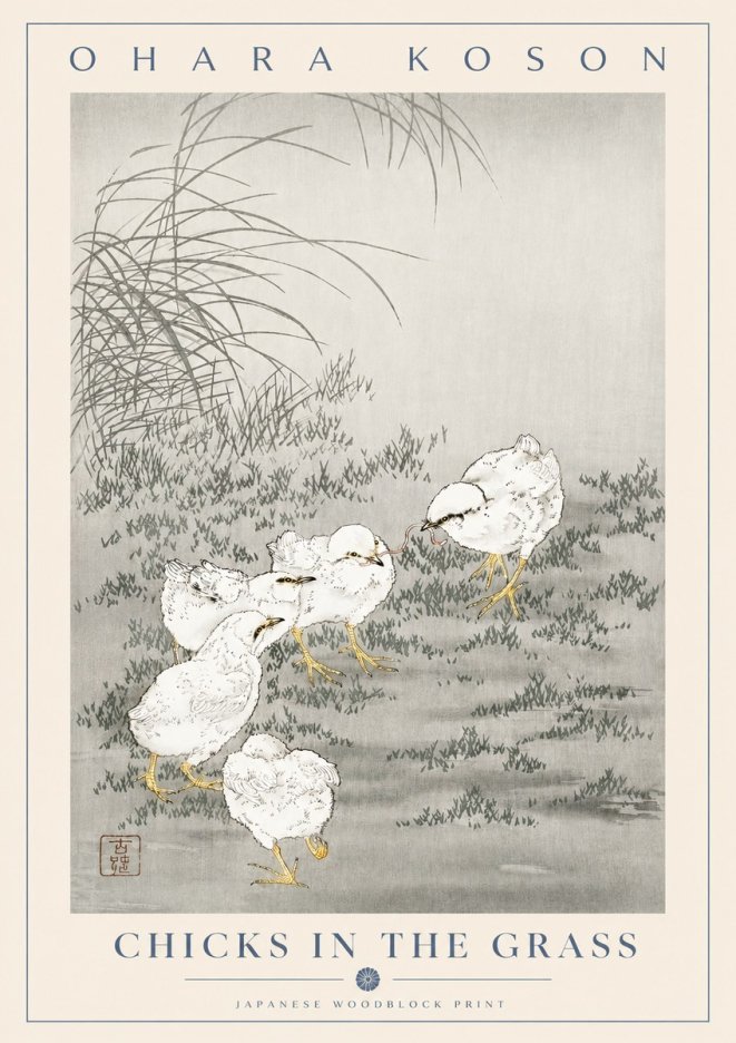 Ohara Koson Chicks in the Grass No2 - Póster