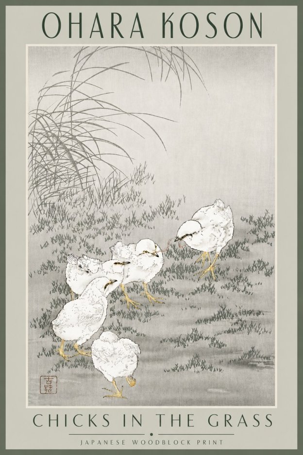 Ohara Koson Chicks in the Grass No3 - Póster