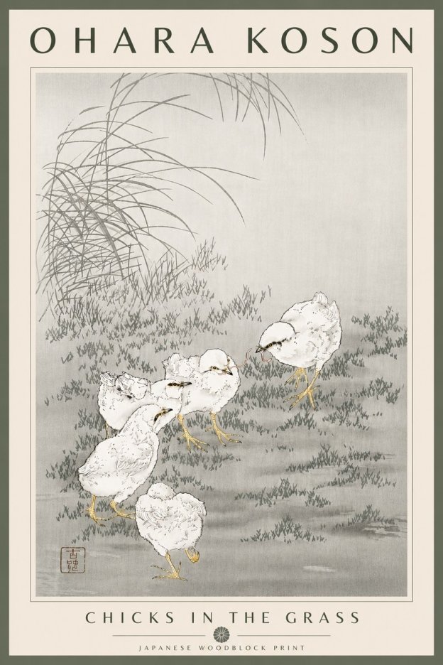 Ohara Koson Chicks in the Grass No6 - Póster