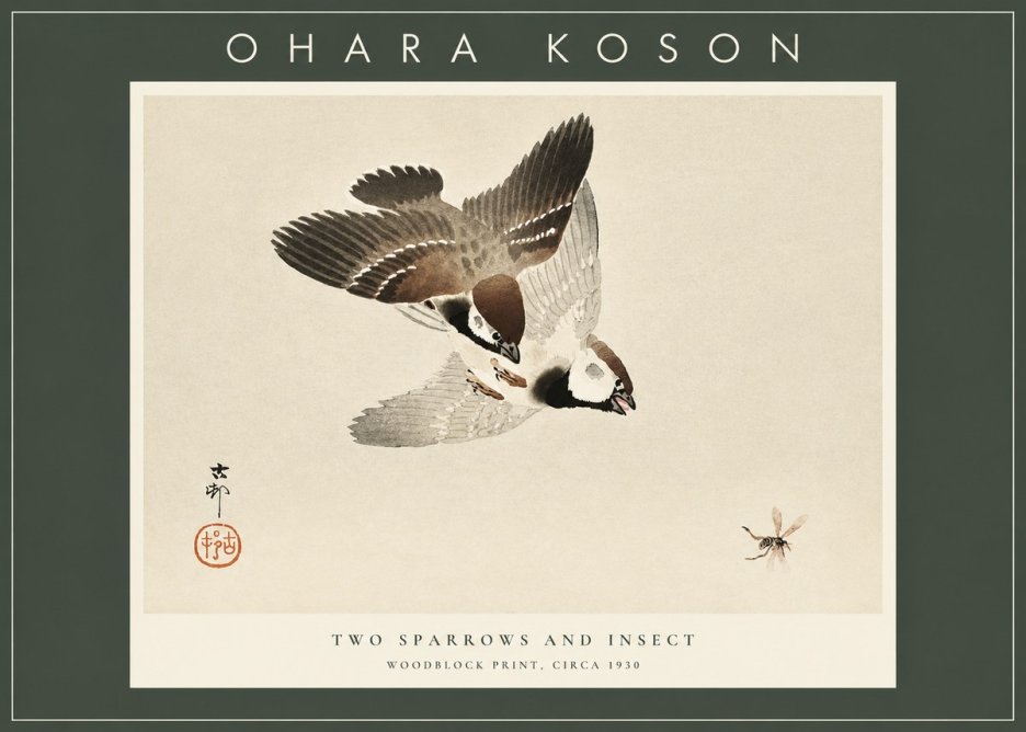 Ohara Koson Two Sparrows and Insect No2 - Póster