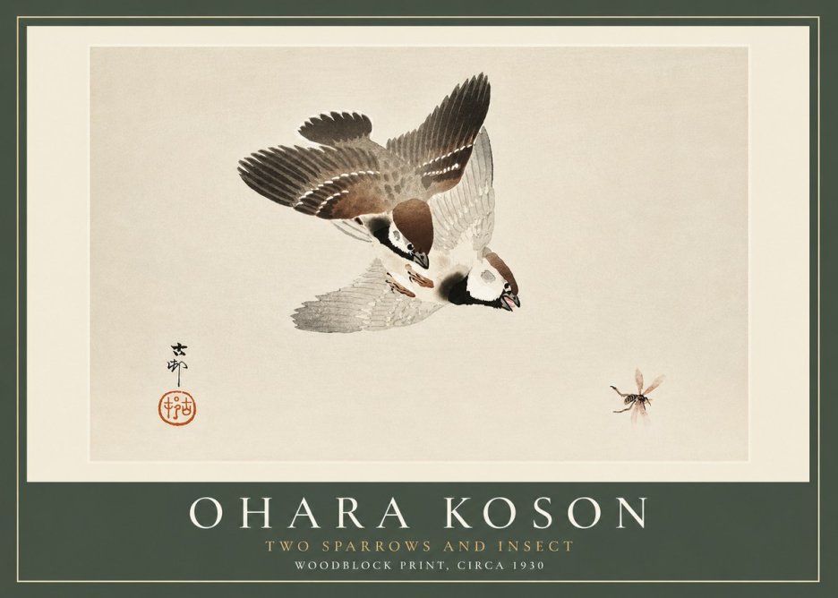 Ohara Koson Two Sparrows and Insect No4 - Póster