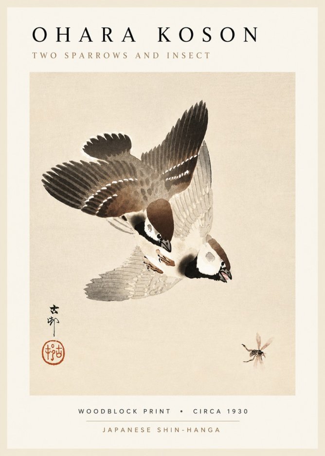Ohara Koson Two Sparrows and Insect No5 - Póster