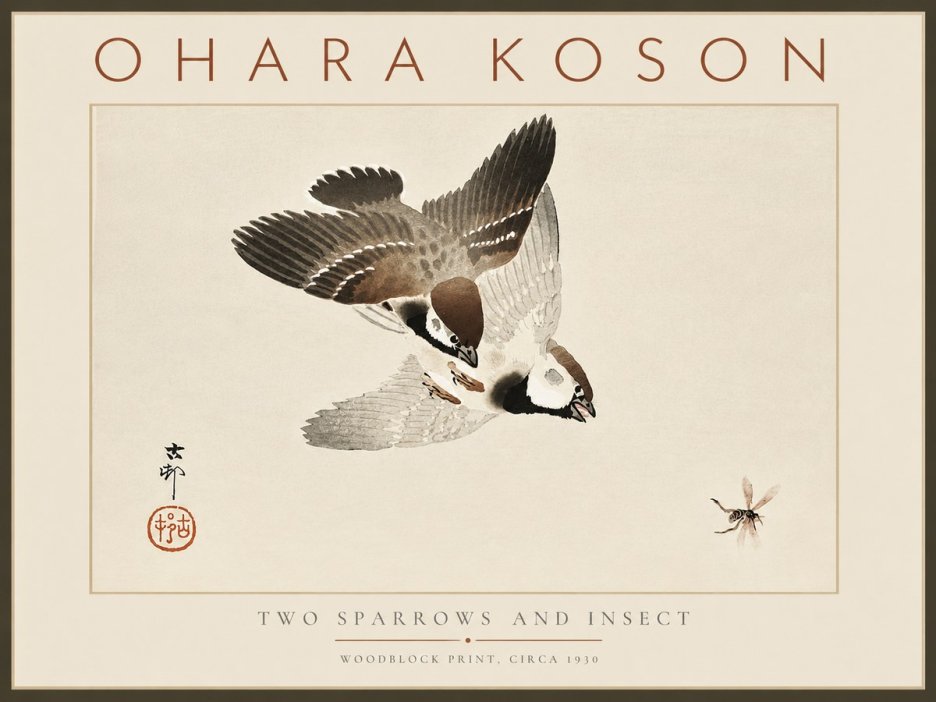 Ohara Koson Two Sparrows and Insect No6 - Póster