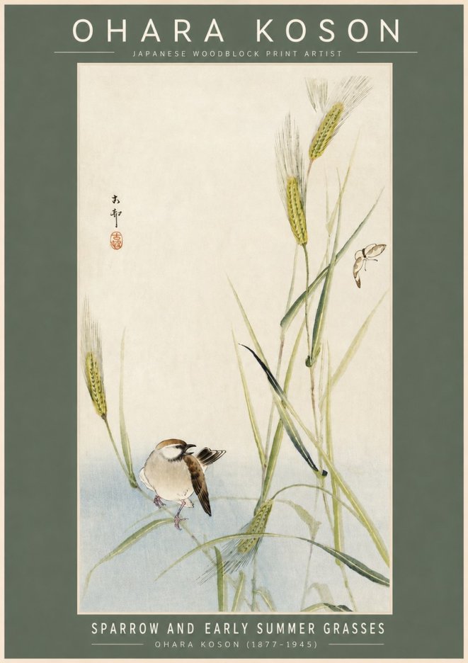Ohara Koson Sparrow and Early Summer Grasses No2 - Póster