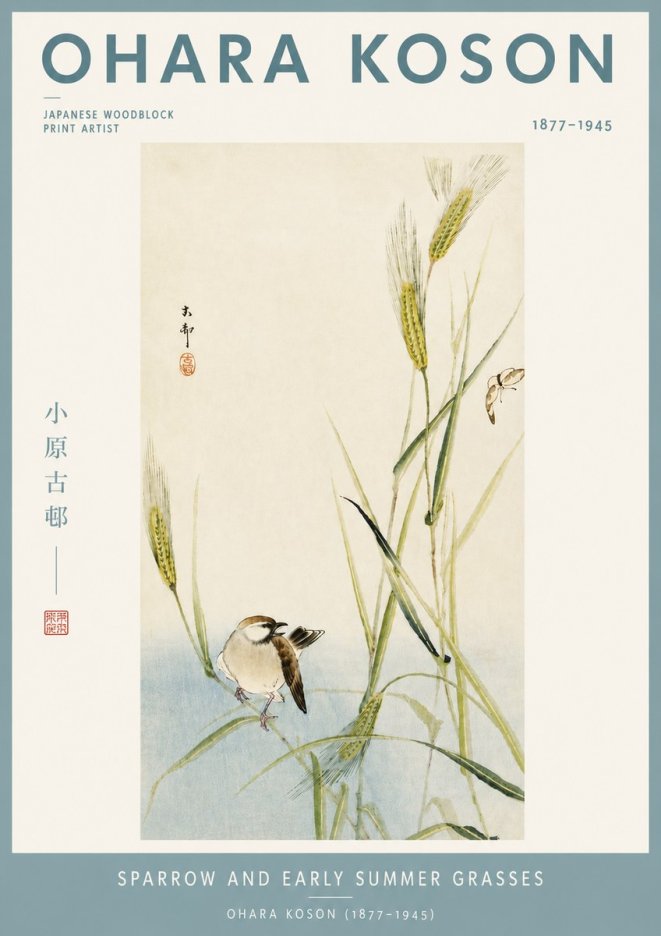 Ohara Koson Sparrow and Early Summer Grasses No4 - Póster