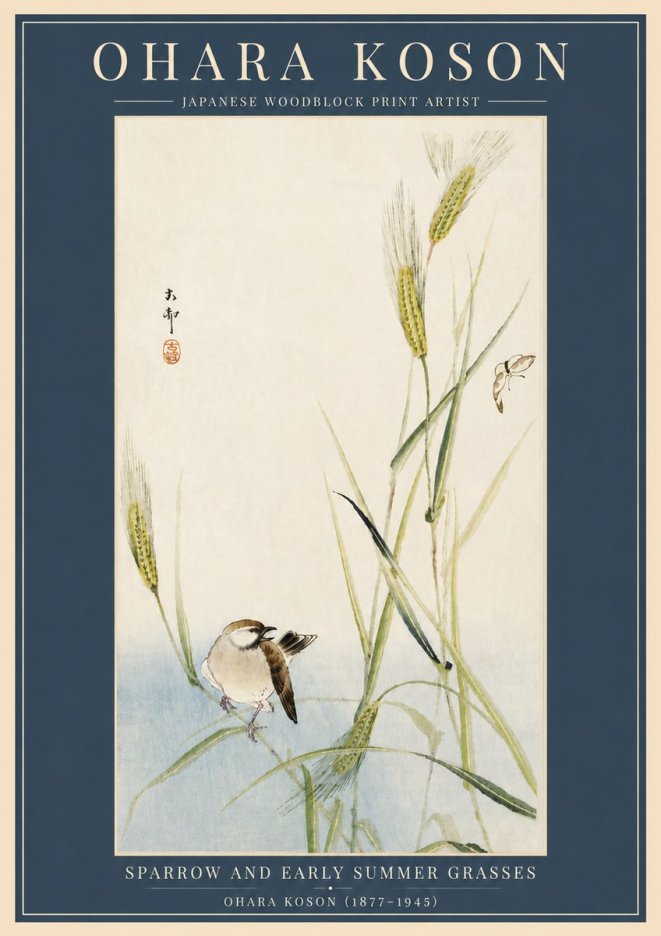 Ohara Koson Sparrow and Early Summer Grasses No6 - Póster