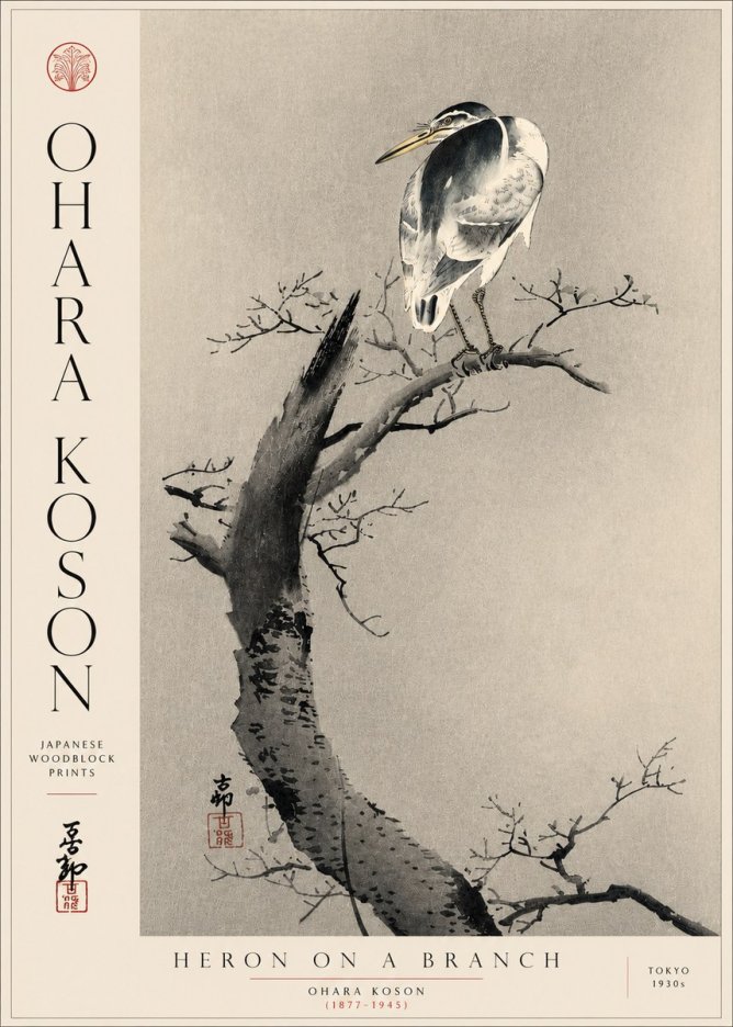 Ohara Koson Heron on a Branch No5 - Póster