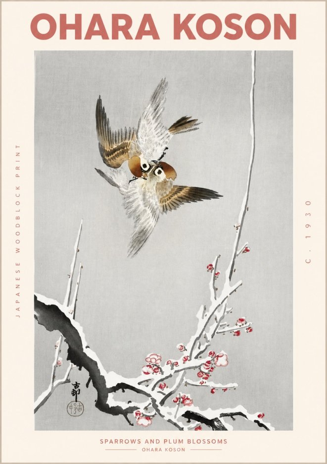 Ohara Koson Sparrows and Plum Blossoms No2 - Póster