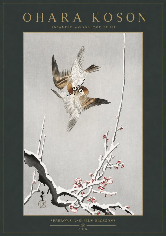 Ohara Koson Sparrows and Plum Blossoms No3 - Póster
