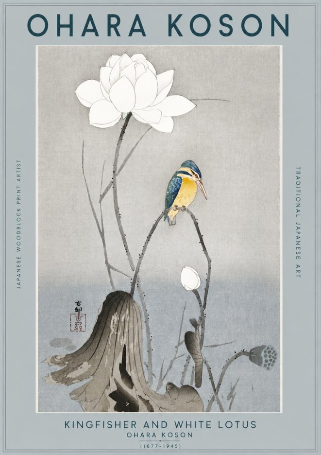 Ohara Koson Kingfisher and White Lotus No2 - Póster