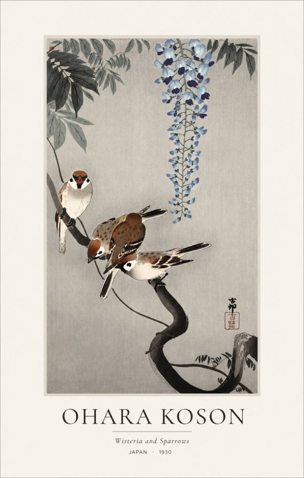 Ohara Koson Wisteria and Sparrows No1 - Póster