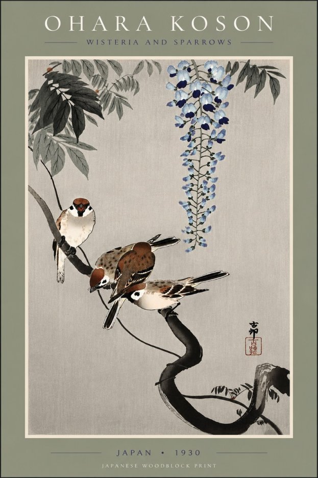 Ohara Koson Wisteria and Sparrows No5 - Póster
