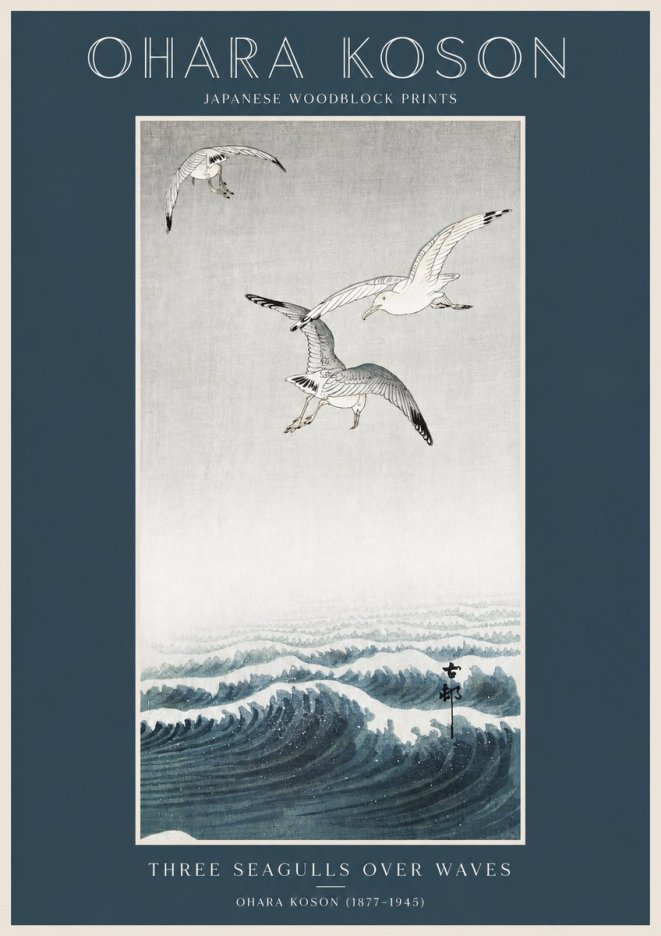 Ohara Koson Three Seagulls over Waves No2 - Póster