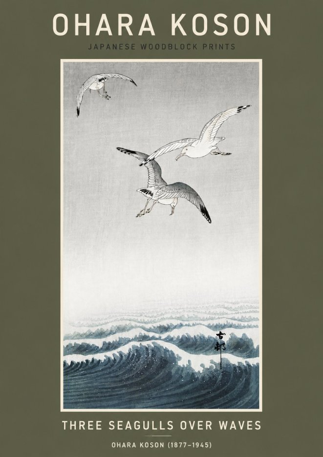 Ohara Koson Three Seagulls over Waves No3 - Póster
