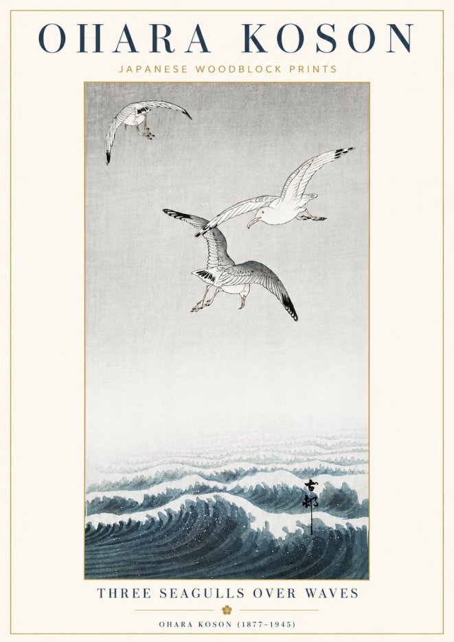Ohara Koson Three Seagulls over Waves No4 - Póster