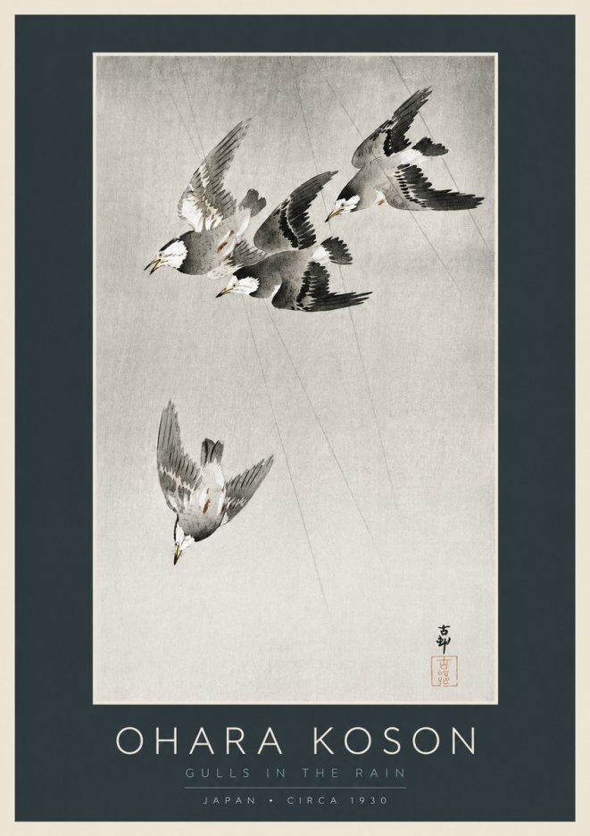 Ohara Koson Gulls in the Rain No2 - Póster