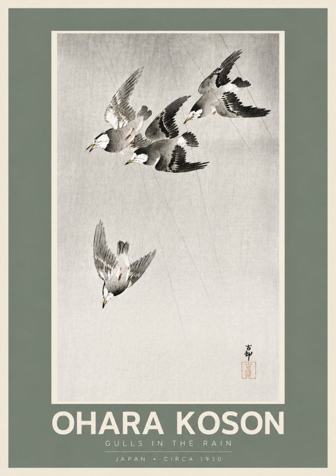 Ohara Koson Gulls in the Rain No5 - Póster