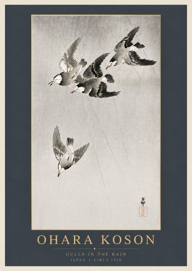 Ohara Koson Gulls in the Rain No6 - Póster