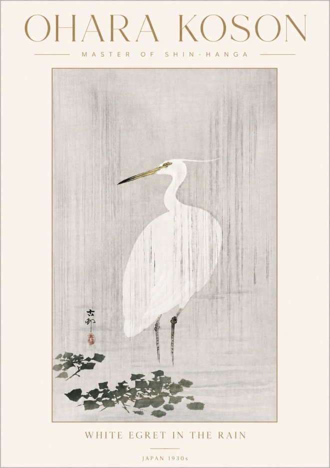 Ohara Koson White Egret in the Rain No4 - Póster