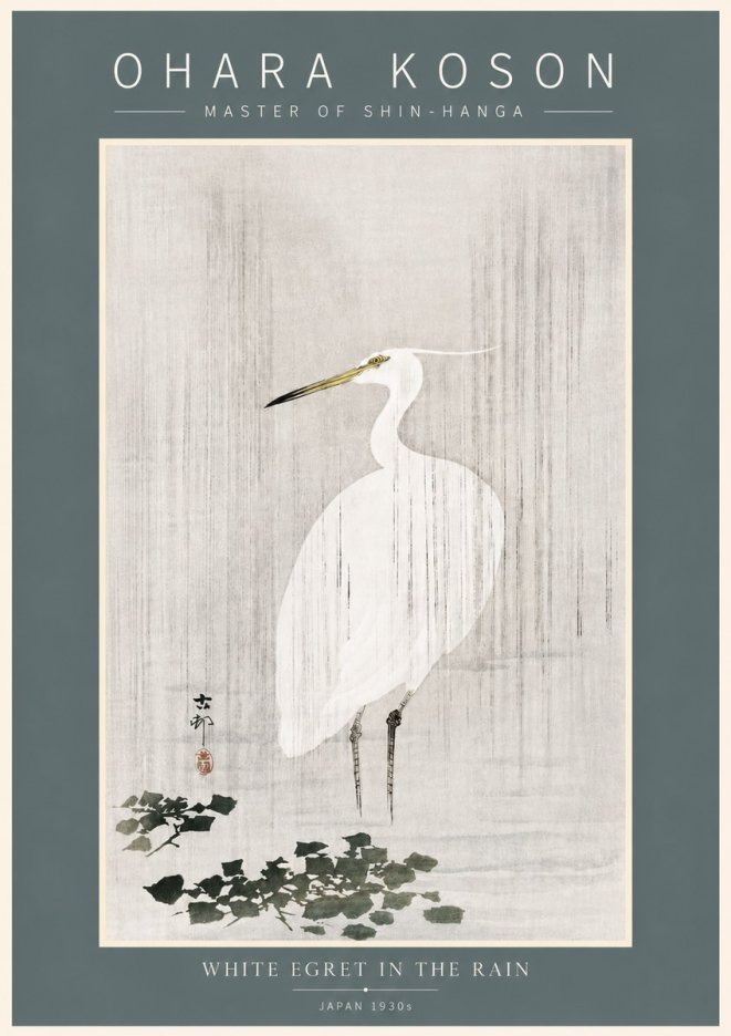 Ohara Koson White Egret in the Rain No5 - Póster