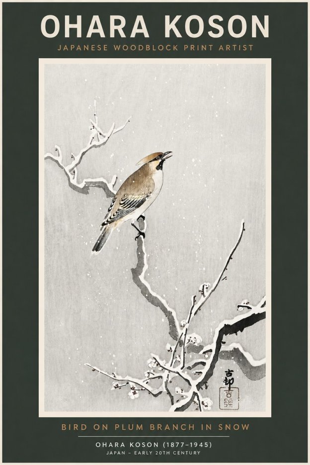 Ohara Koson Bird on Plum Branch in Snow No2 - Póster