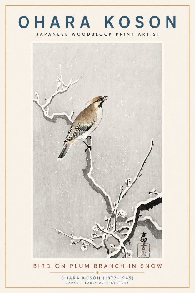 Ohara Koson Bird on Plum Branch in Snow No3 - Póster