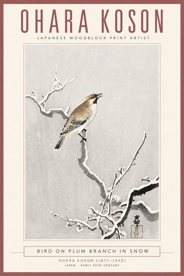 Ohara Koson Bird on Plum Branch in Snow No4 - Póster
