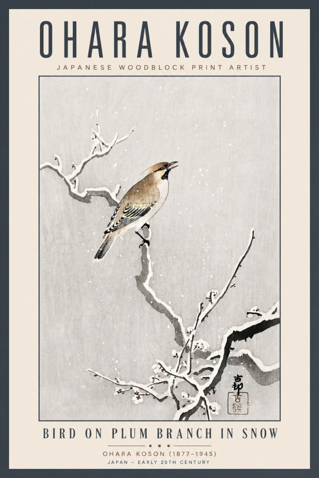 Ohara Koson Bird on Plum Branch in Snow No5 - Póster