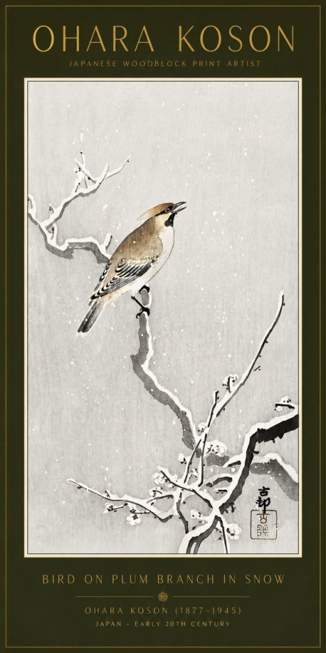 Ohara Koson Bird on Plum Branch in Snow No6 - Póster