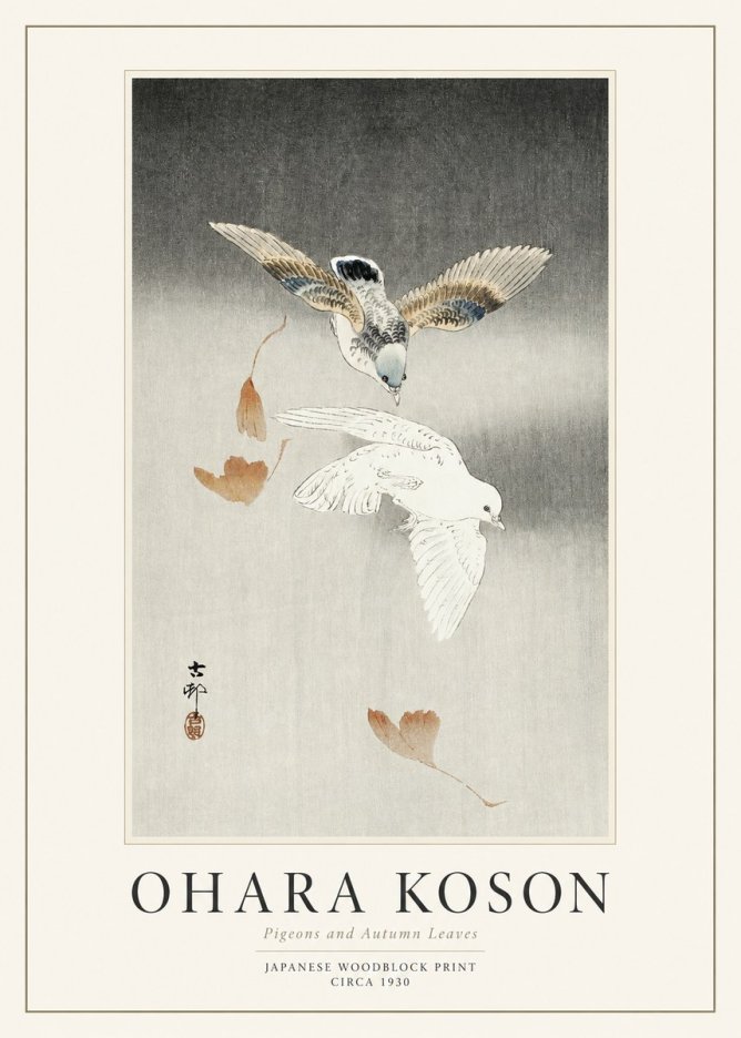 Ohara Koson Pigeons and Autumn Leaves No1 - Póster