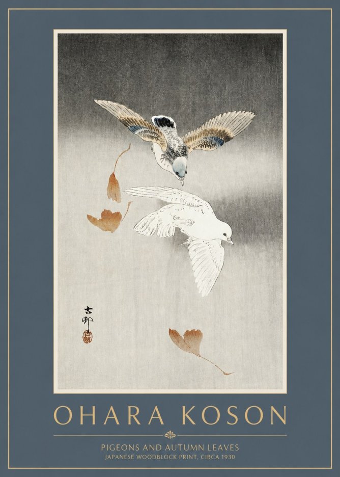 Ohara Koson Pigeons and Autumn Leaves No2 - Póster