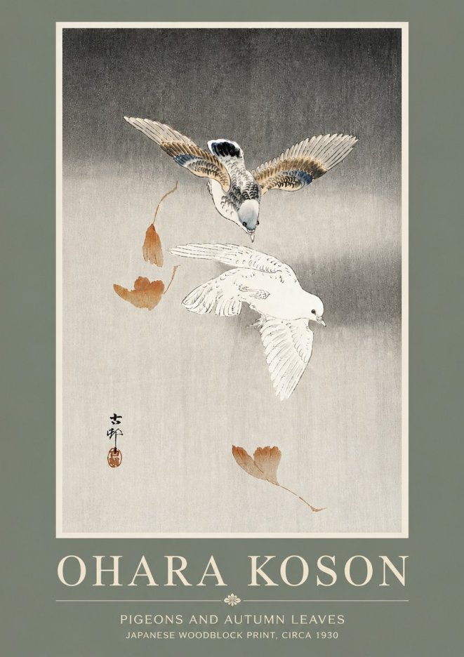 Ohara Koson Pigeons and Autumn Leaves No5 - Póster