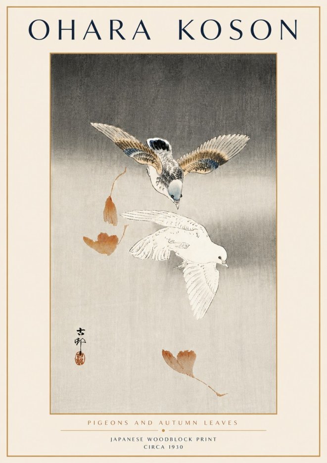 Ohara Koson Pigeons and Autumn Leaves No6 - Póster