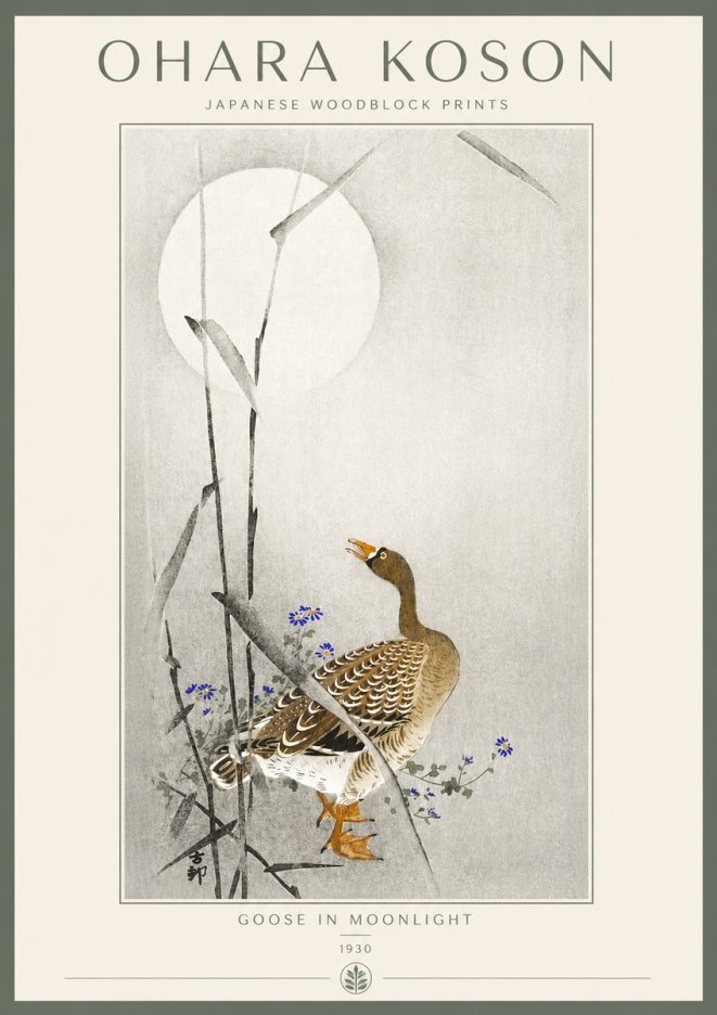 Ohara Koson Goose in Moonlight No2 - Póster