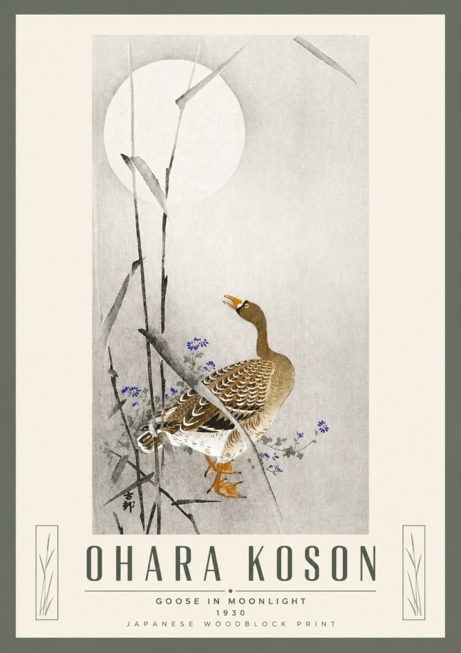 Ohara Koson Goose in Moonlight No5 - Póster