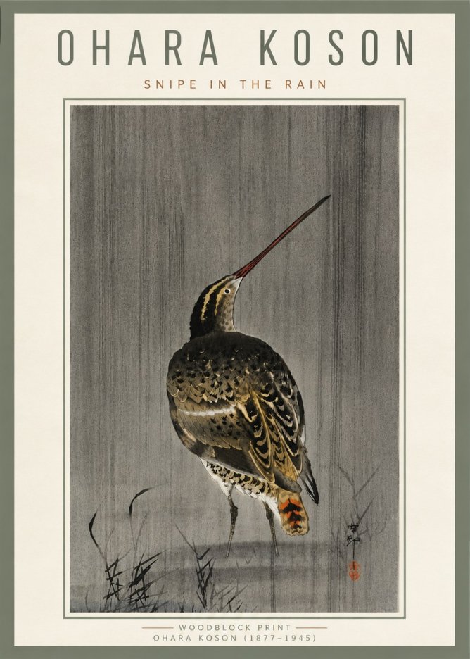 Ohara Koson Snipe in the Rain No6 - Póster