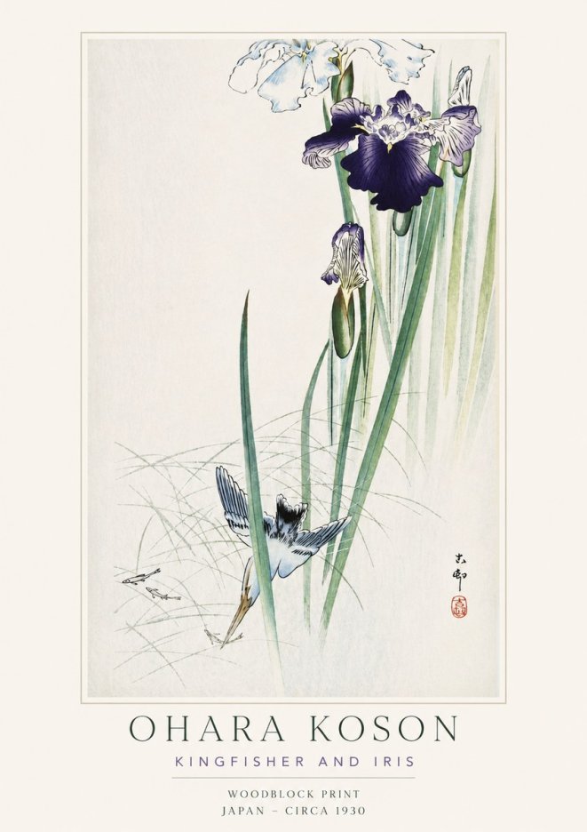 Ohara Koson Kingfisher and Iris No3 - Póster