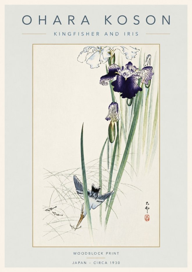 Ohara Koson Kingfisher and Iris No4 - Póster