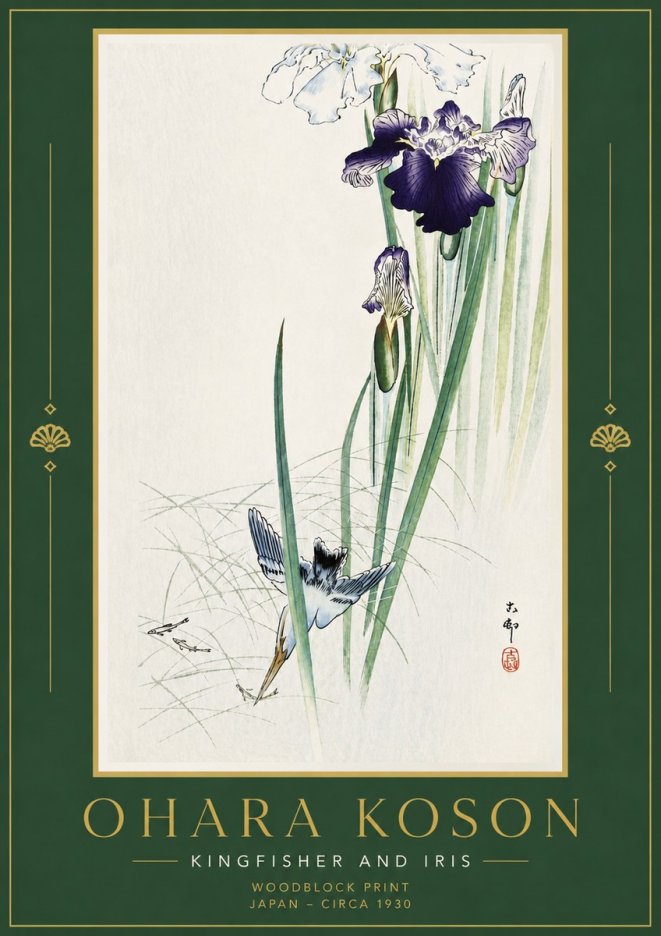 Ohara Koson Kingfisher and Iris No6 - Póster