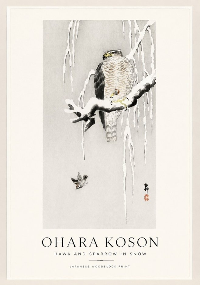 Ohara Koson Hawk and Sparrow in Snow No1 - Póster