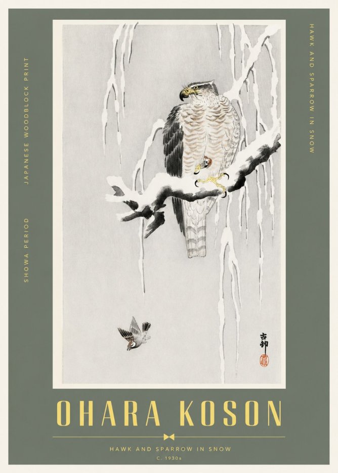 Ohara Koson Hawk and Sparrow in Snow No2 - Póster