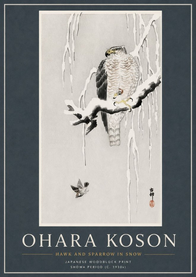 Ohara Koson Hawk and Sparrow in Snow No3 - Póster