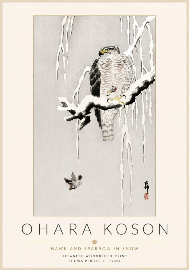 Ohara Koson Hawk and Sparrow in Snow No4 - Póster