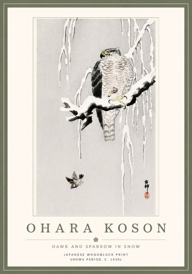 Ohara Koson Hawk and Sparrow in Snow No5 - Póster