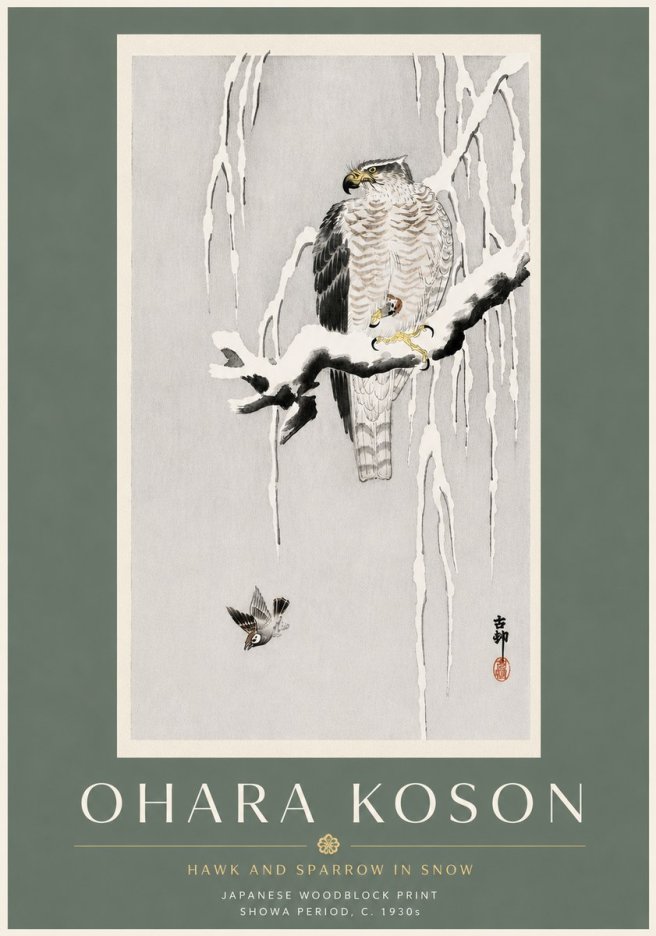 Ohara Koson Hawk and Sparrow in Snow No6 - Póster