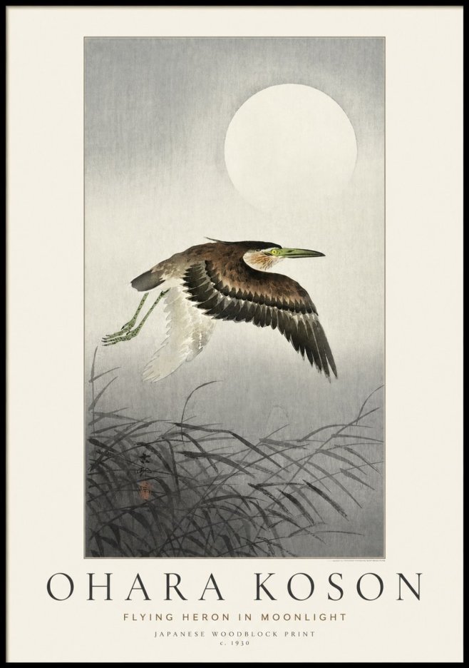 Ohara Koson Flying Heron in Moonlight No1 - Póster