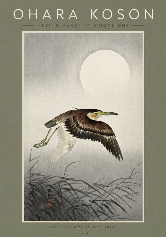 Ohara Koson Flying Heron in Moonlight No2 - Póster
