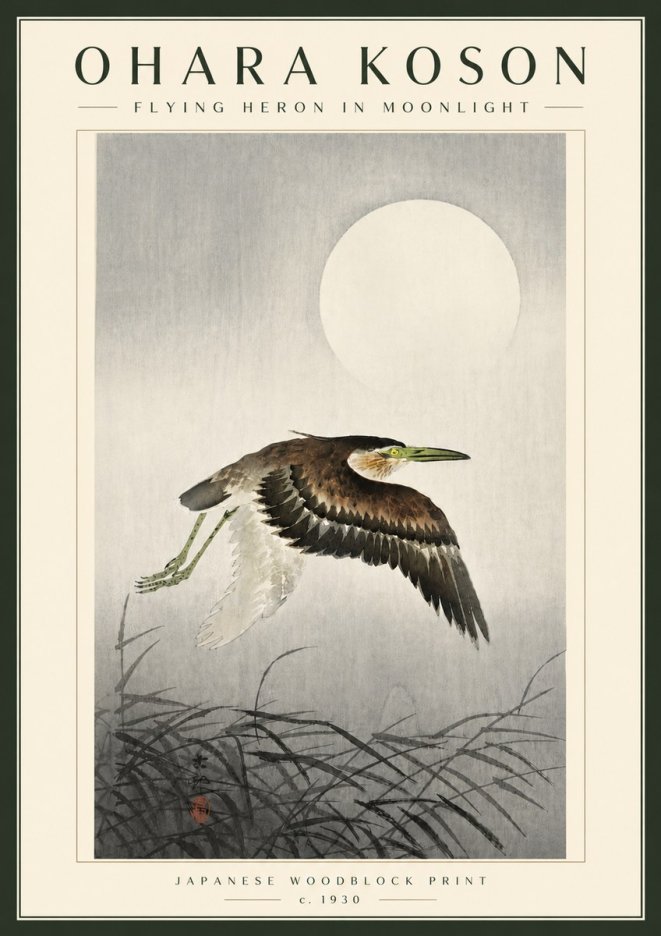 Ohara Koson Flying Heron in Moonlight No5 - Póster