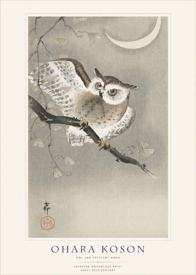 Ohara Koson Owl and Crescent Moon No1 - Póster